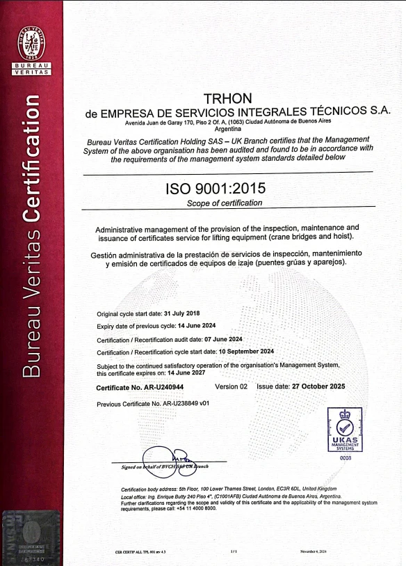 Certificado ISO 9001:2015 de TRHON, versión 02 emitida el 27 de octubre de 2025