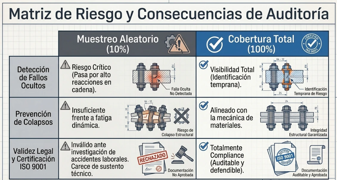 Comparación entre el muestreo aleatorio y la cobertura total en la inspección de pernos