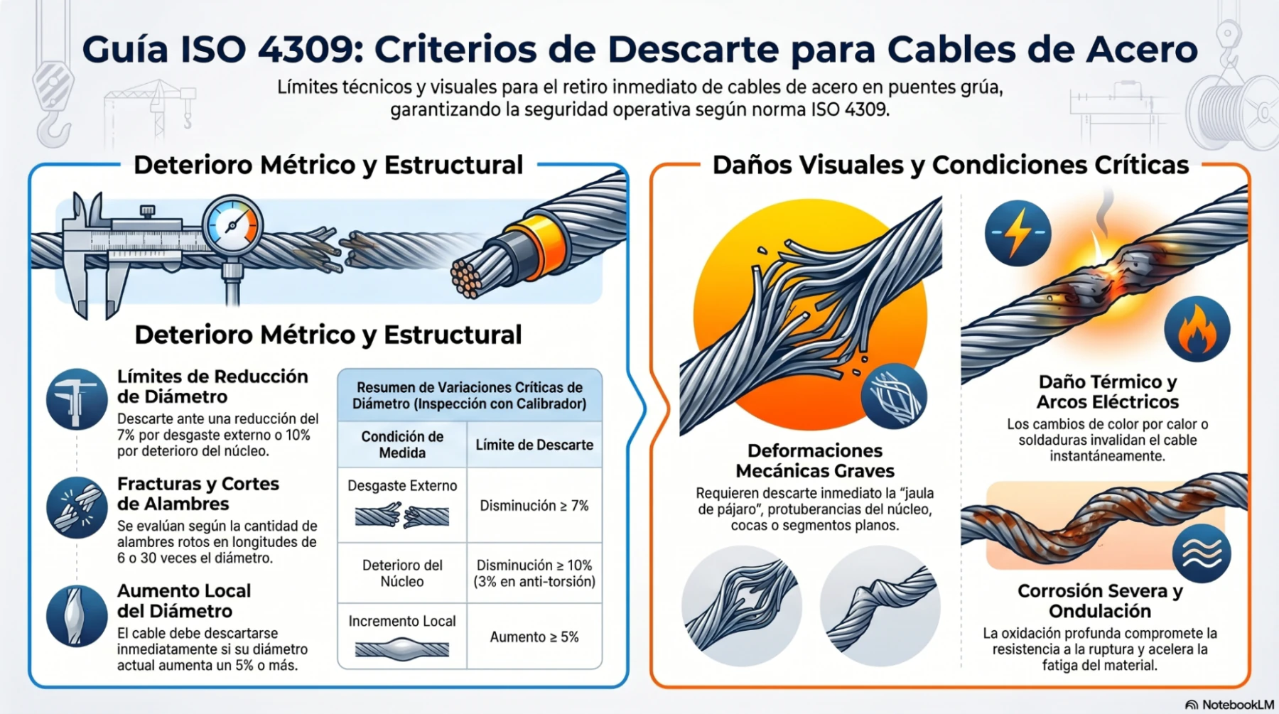 Infografía práctica para identificar las fallas en un cable de acero cuando se efectúa la Inspección de Cables de acero en Puentes grúa y aparejos eléctricos. 